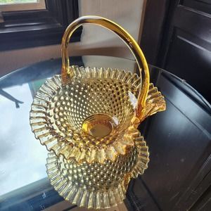Vintage Fenton HOBNAIL 10" Colonial Amber Ruffled BASKET with Handle #3830 USA